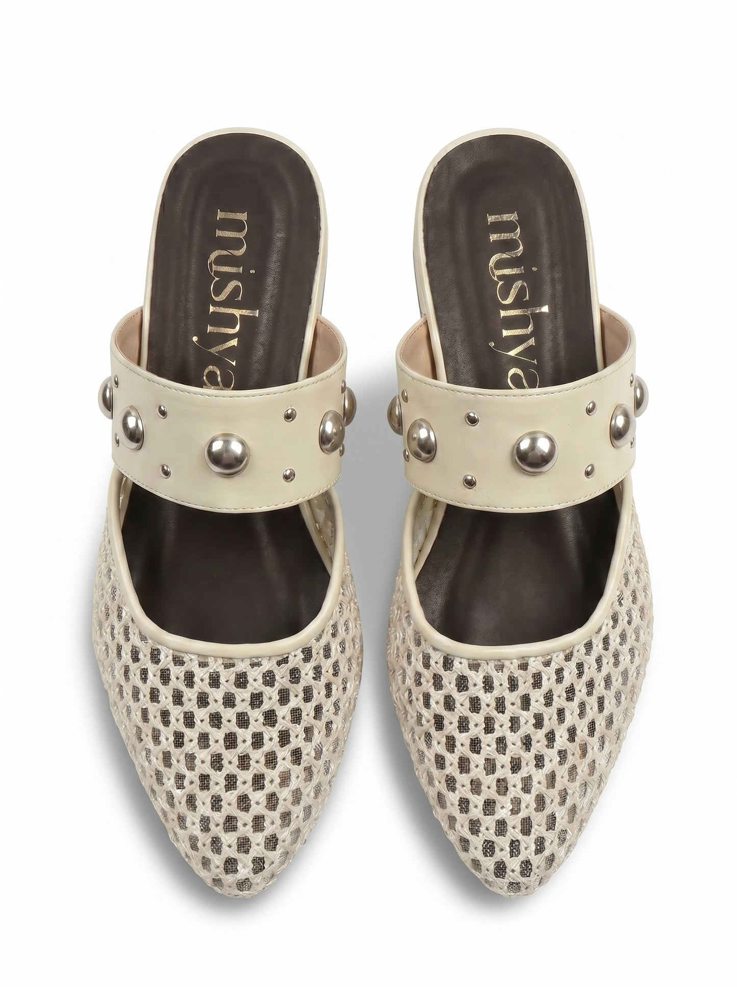 Mesh Studded-Strap Flat Mules in Beige