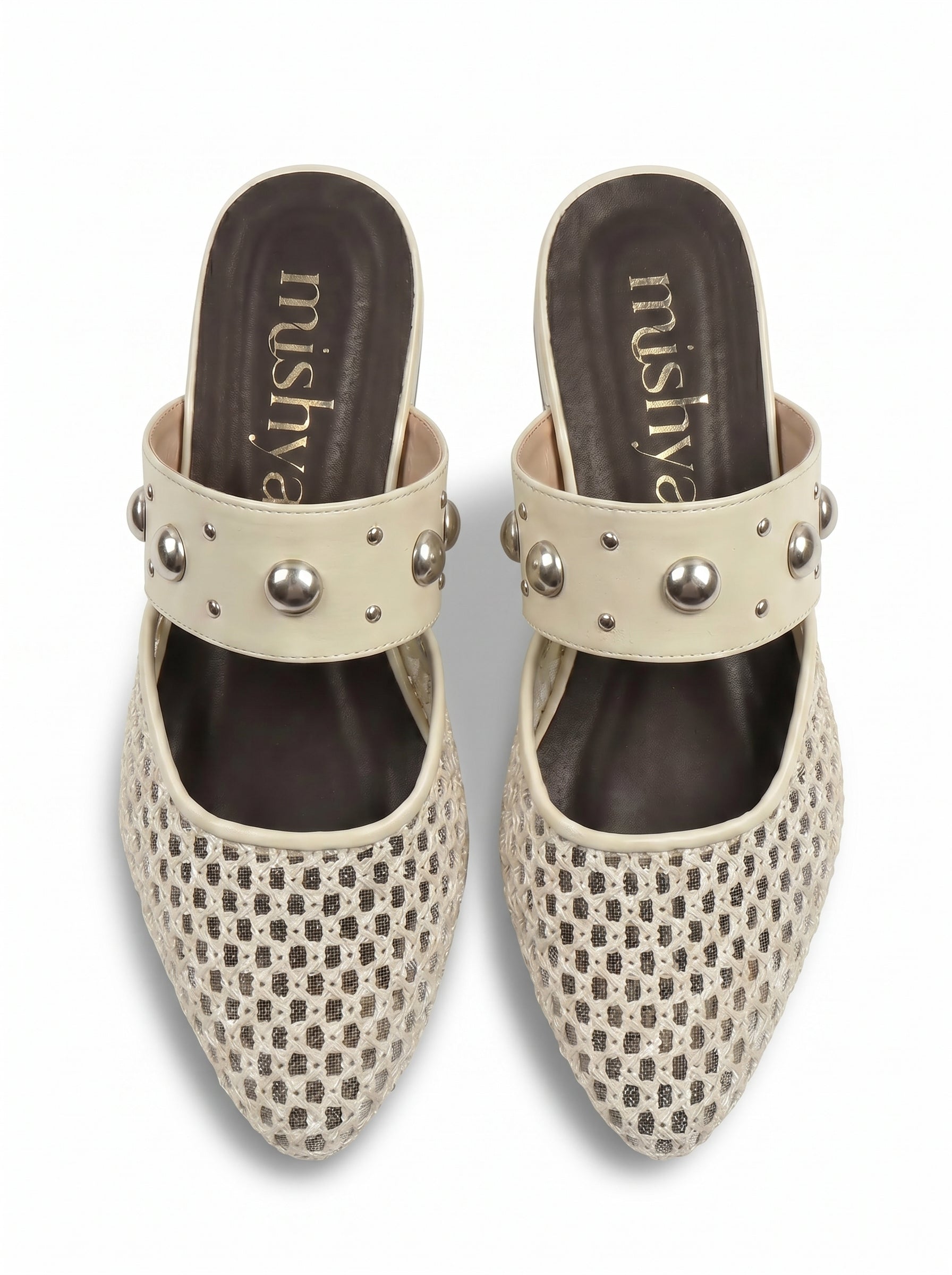Mesh Studded-Strap Flat Mules in Beige