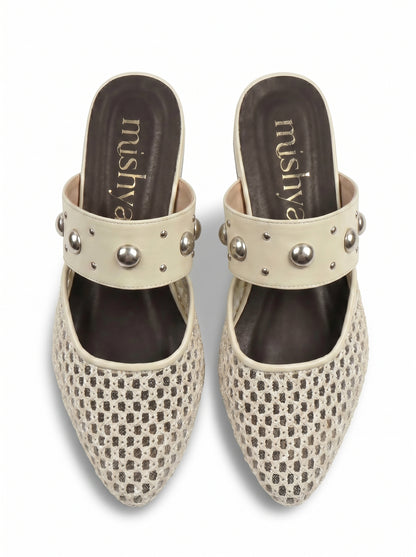 Mesh Studded-Strap Flat Mules in Beige