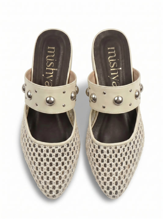 Mesh Studded-Strap Flat Mules in Beige
