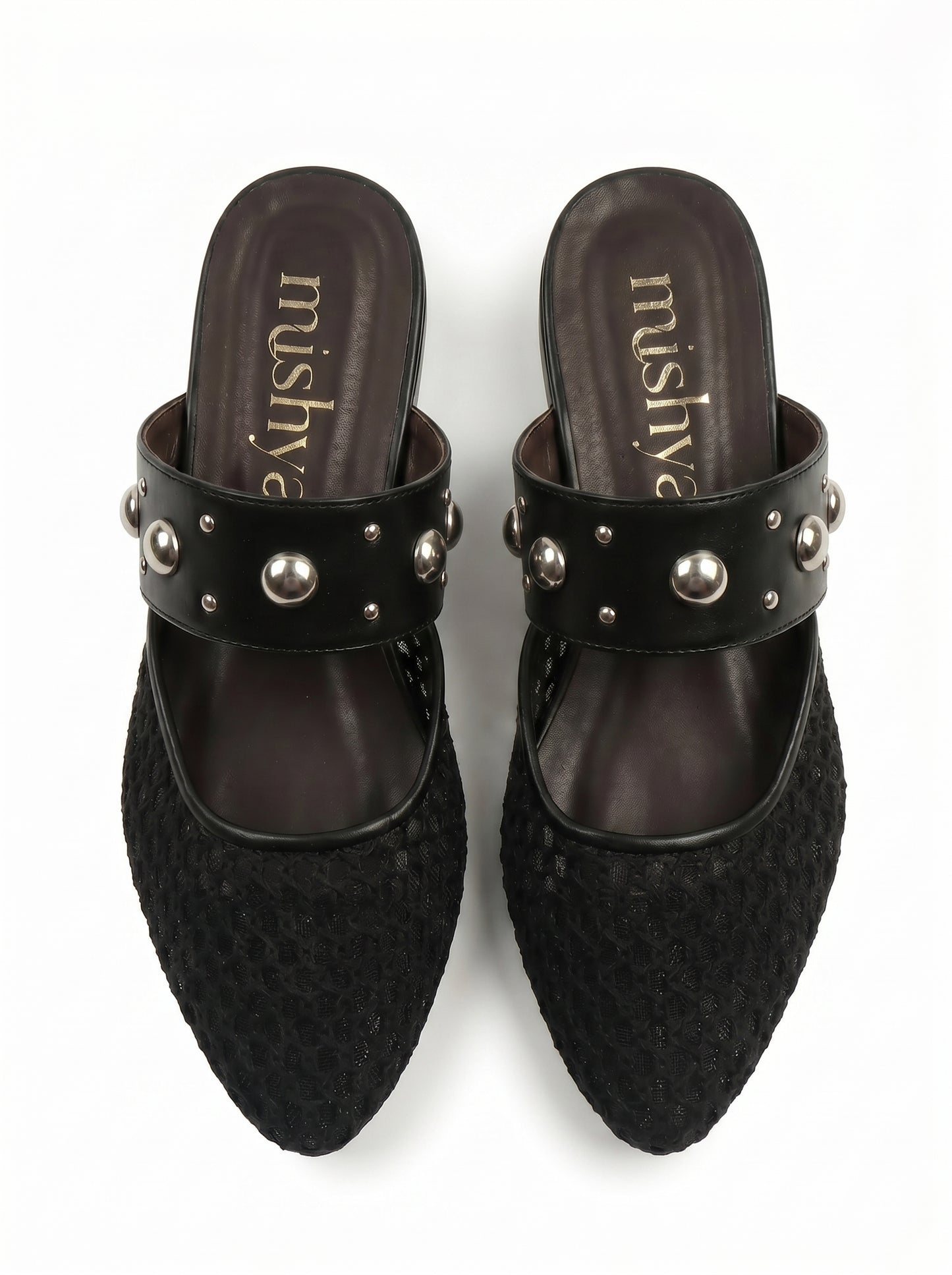 Mesh Studded-Strap Flat Mules in Black