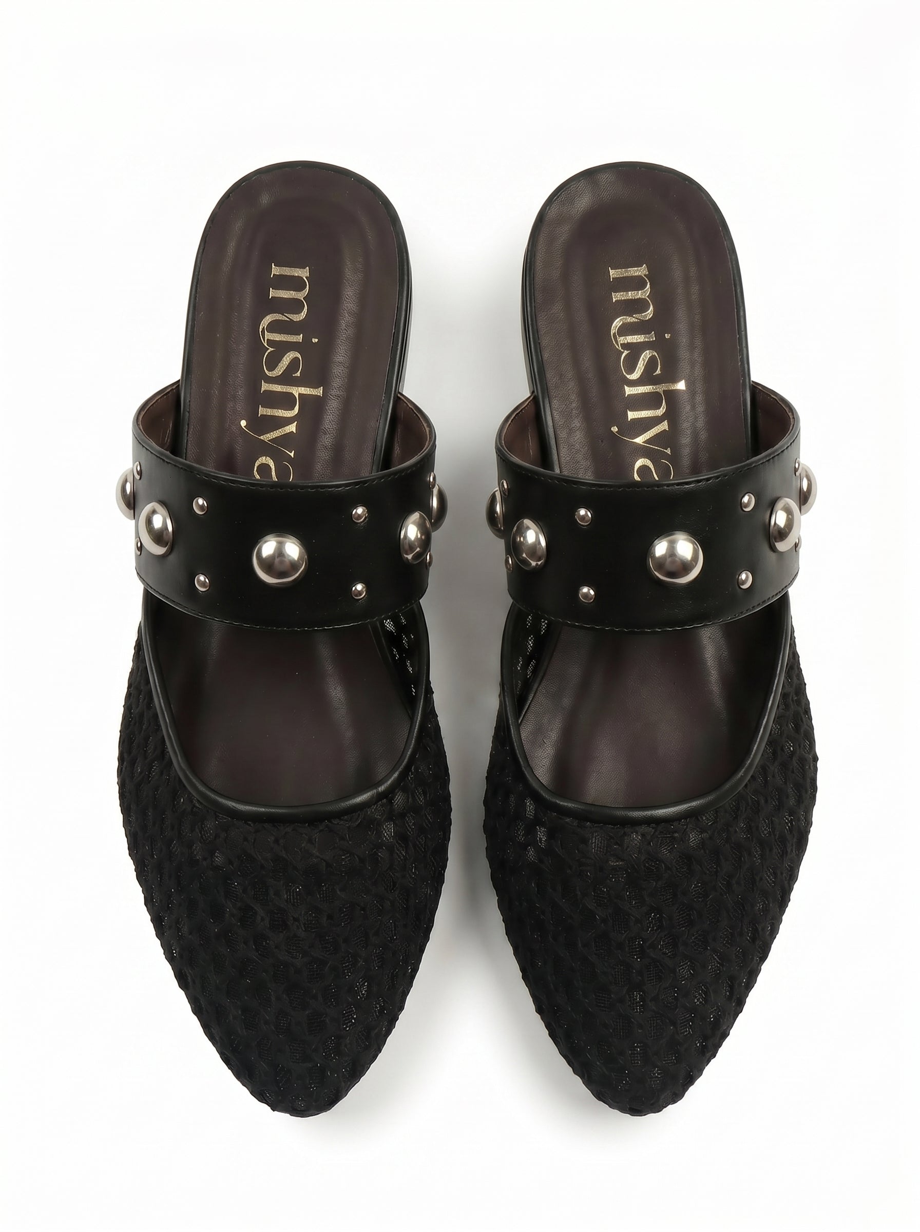 Mesh Studded-Strap Flat Mules in Black