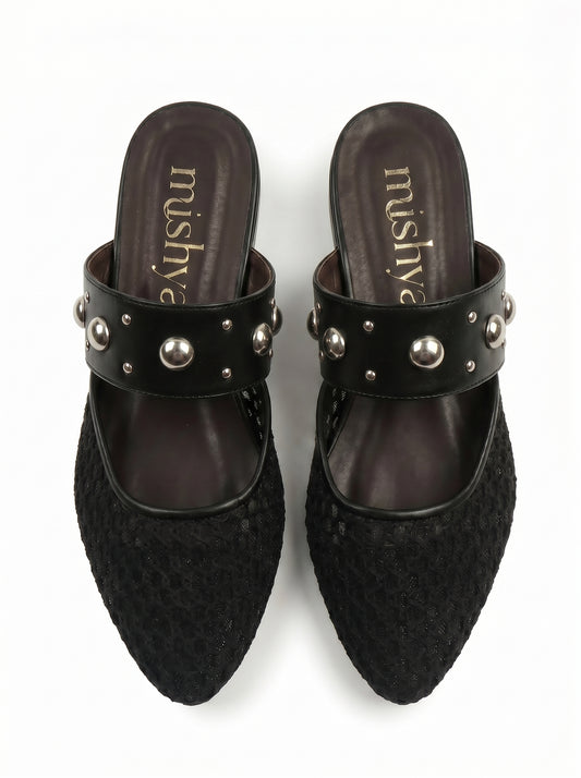 Mesh Studded-Strap Flat Mules in Black