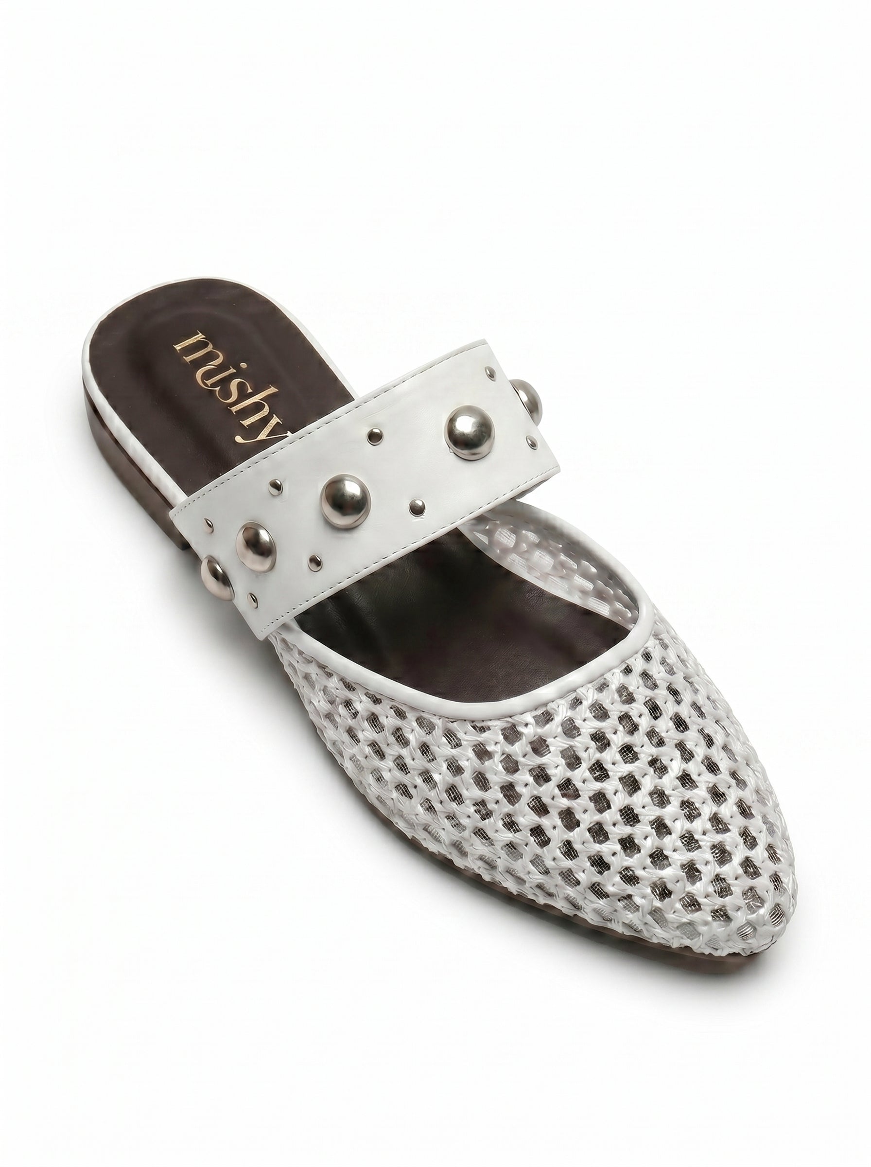 Mesh Studded-Strap Flat Mules in White