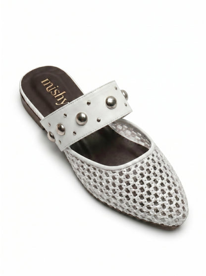 Mesh Studded-Strap Flat Mules in White