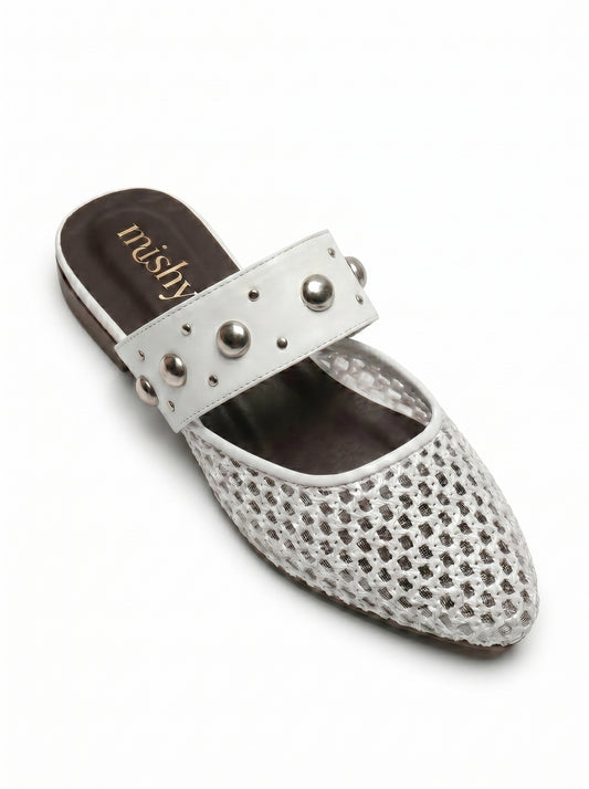 Mesh Studded-Strap Flat Mules in White