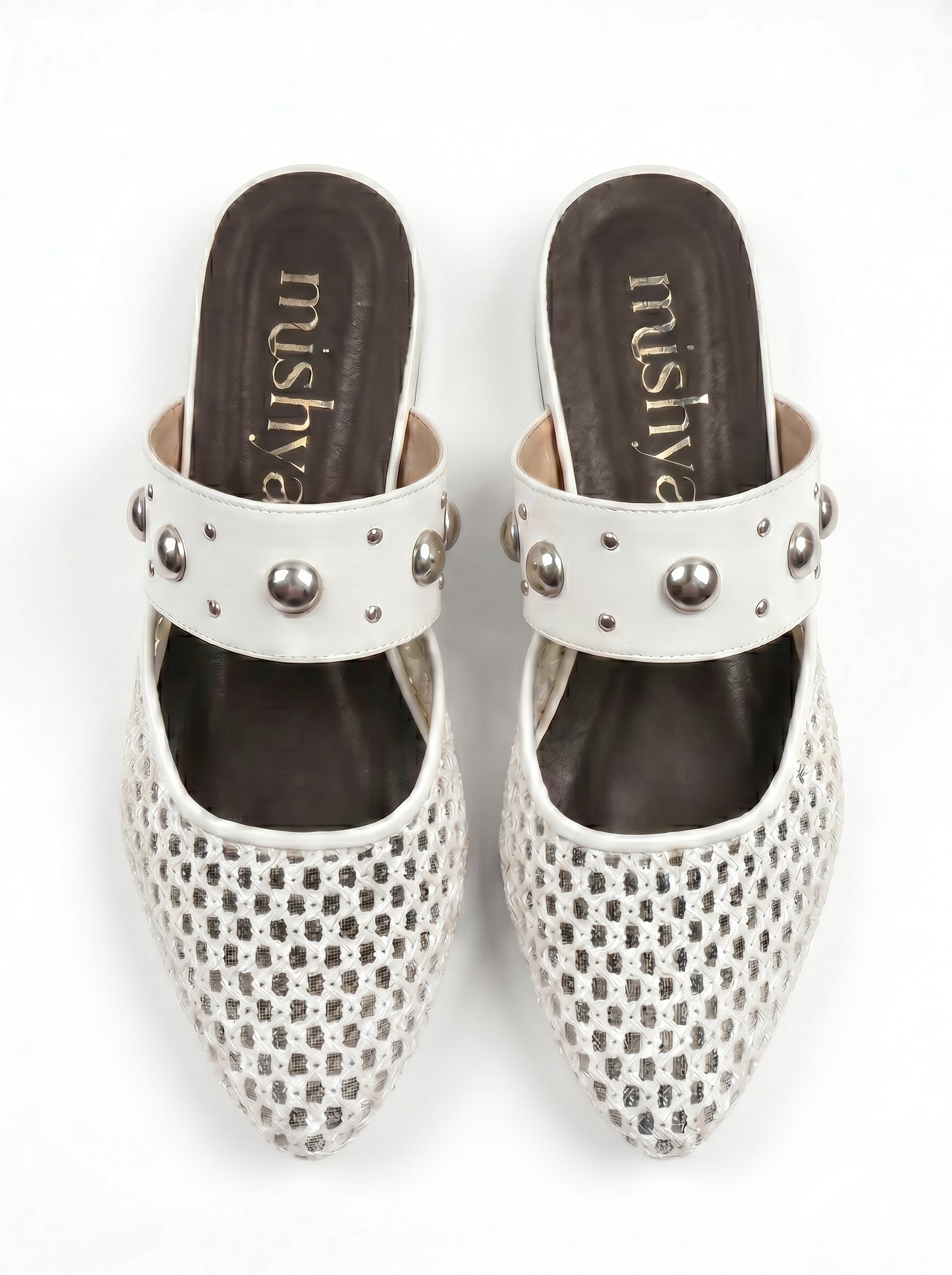 Mesh Studded-Strap Flat Mules in White