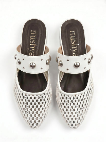 Mesh Studded-Strap Flat Mules in White