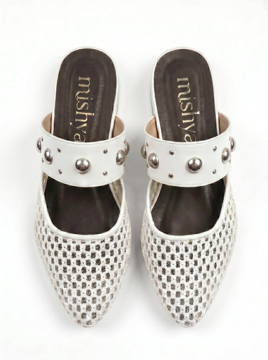 Mesh Studded-Strap Flat Mules in White