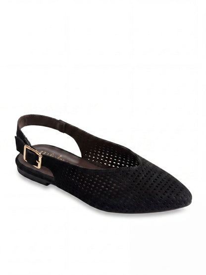 Perforated Suede Flat Slingbacks in Black