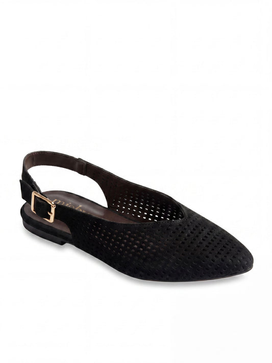 Perforated Suede Flat Slingbacks in Black