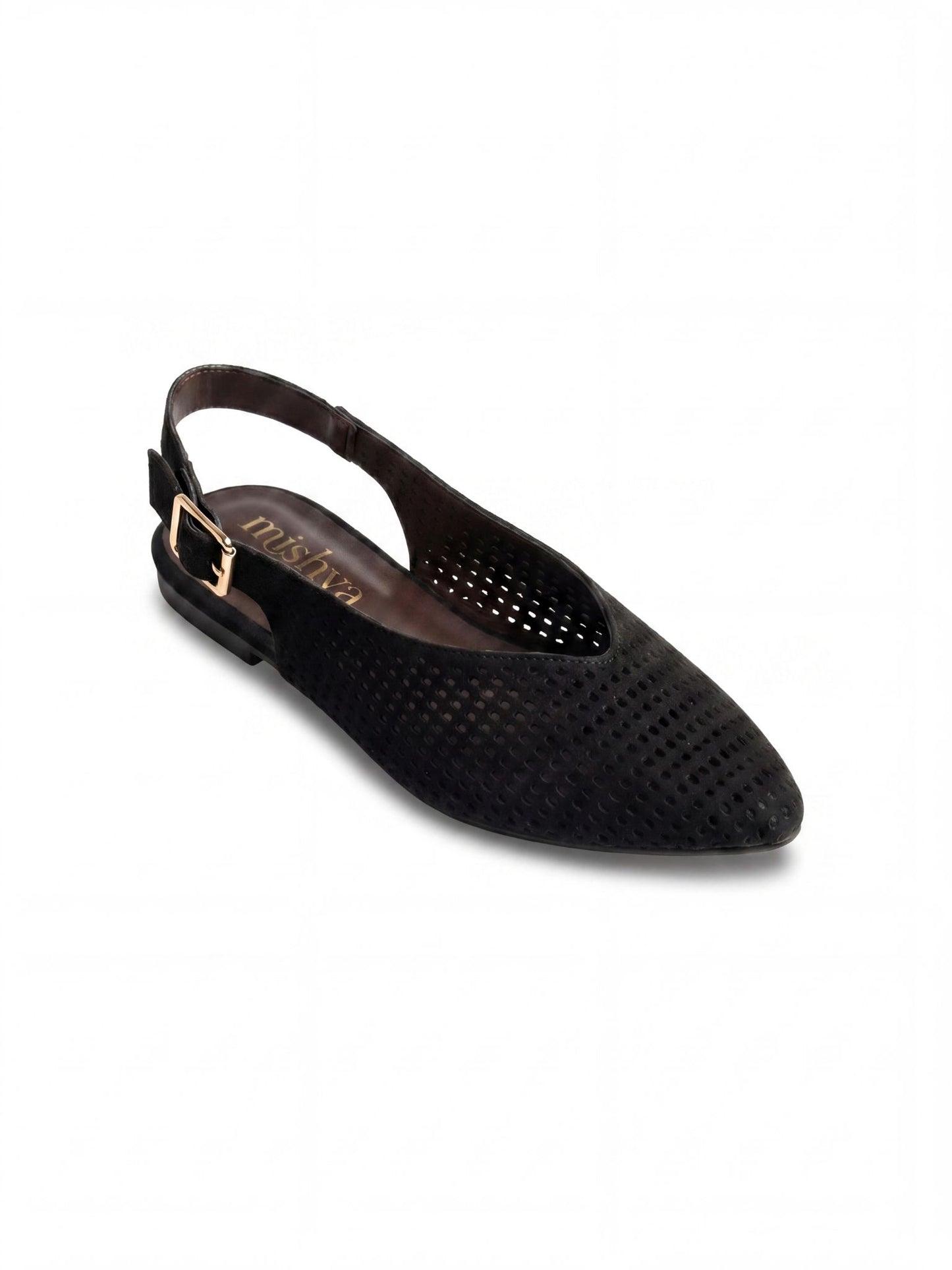 Perforated Suede Flat Slingbacks in Black