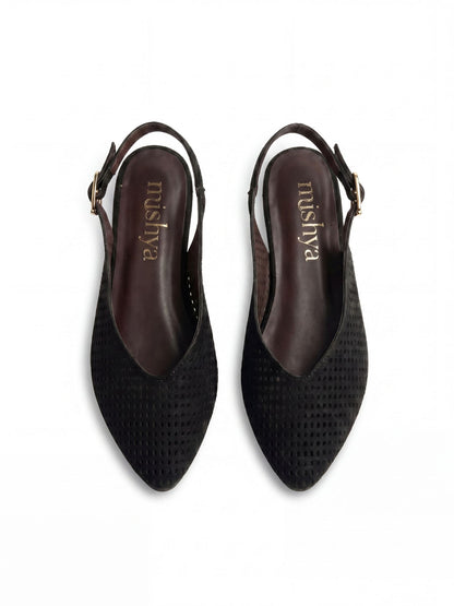 Perforated Suede Flat Slingbacks in Black