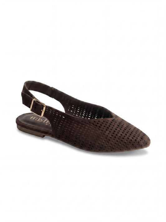 Perforated Suede Flat Slingbacks in Brown
