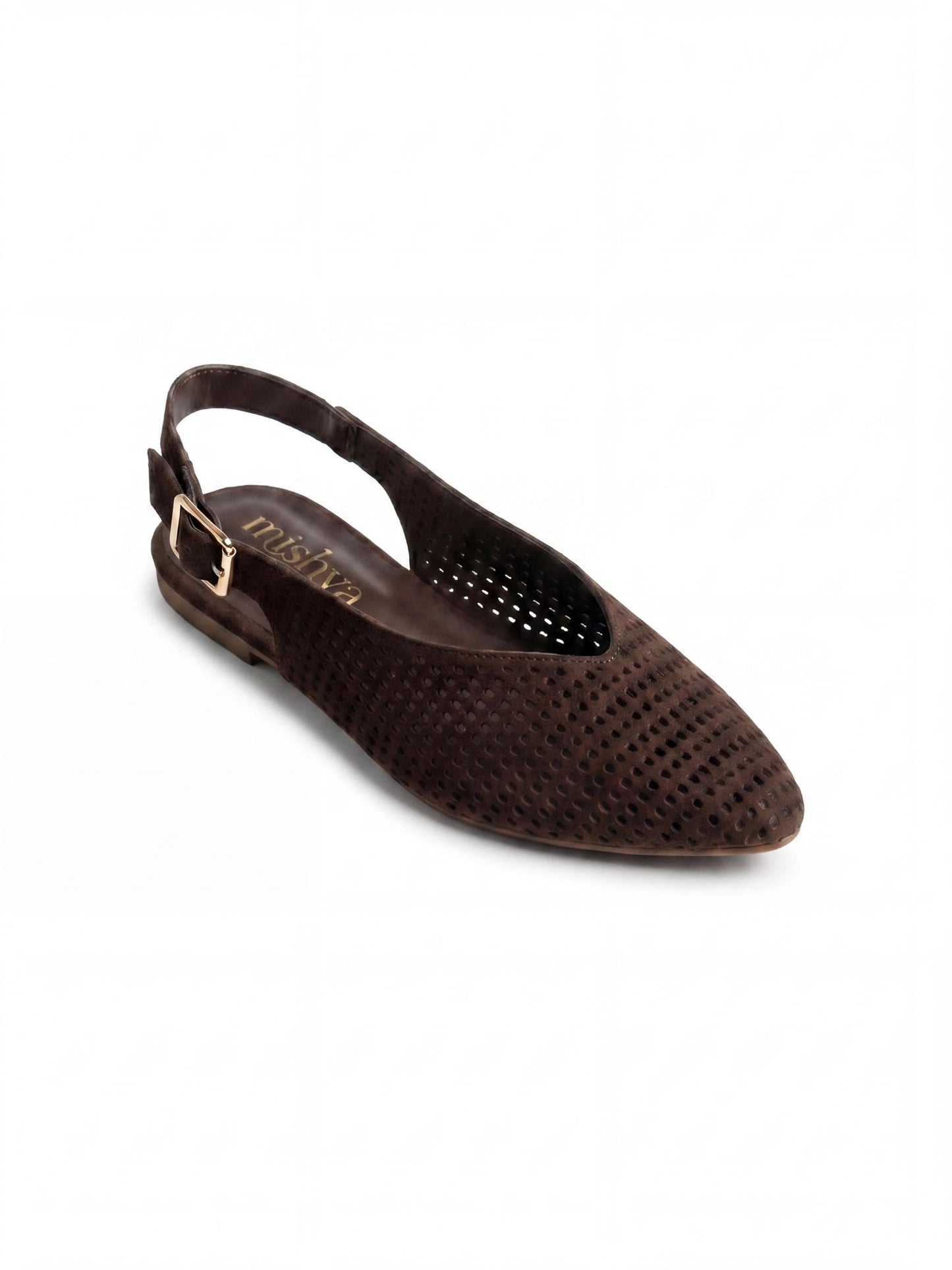Perforated Suede Flat Slingbacks in Brown