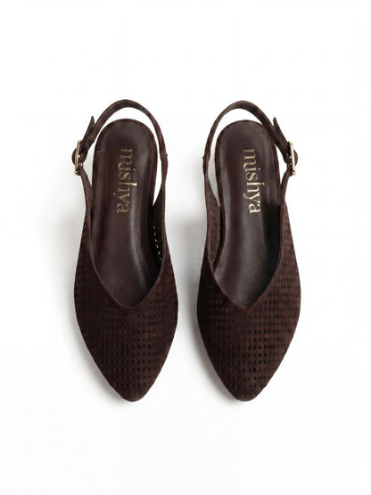 Perforated Suede Flat Slingbacks in Brown