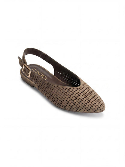 Perforated Suede Flat Slingbacks in Café