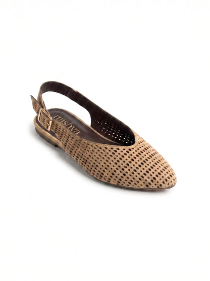 Perforated Suede Flat Slingbacks - Café