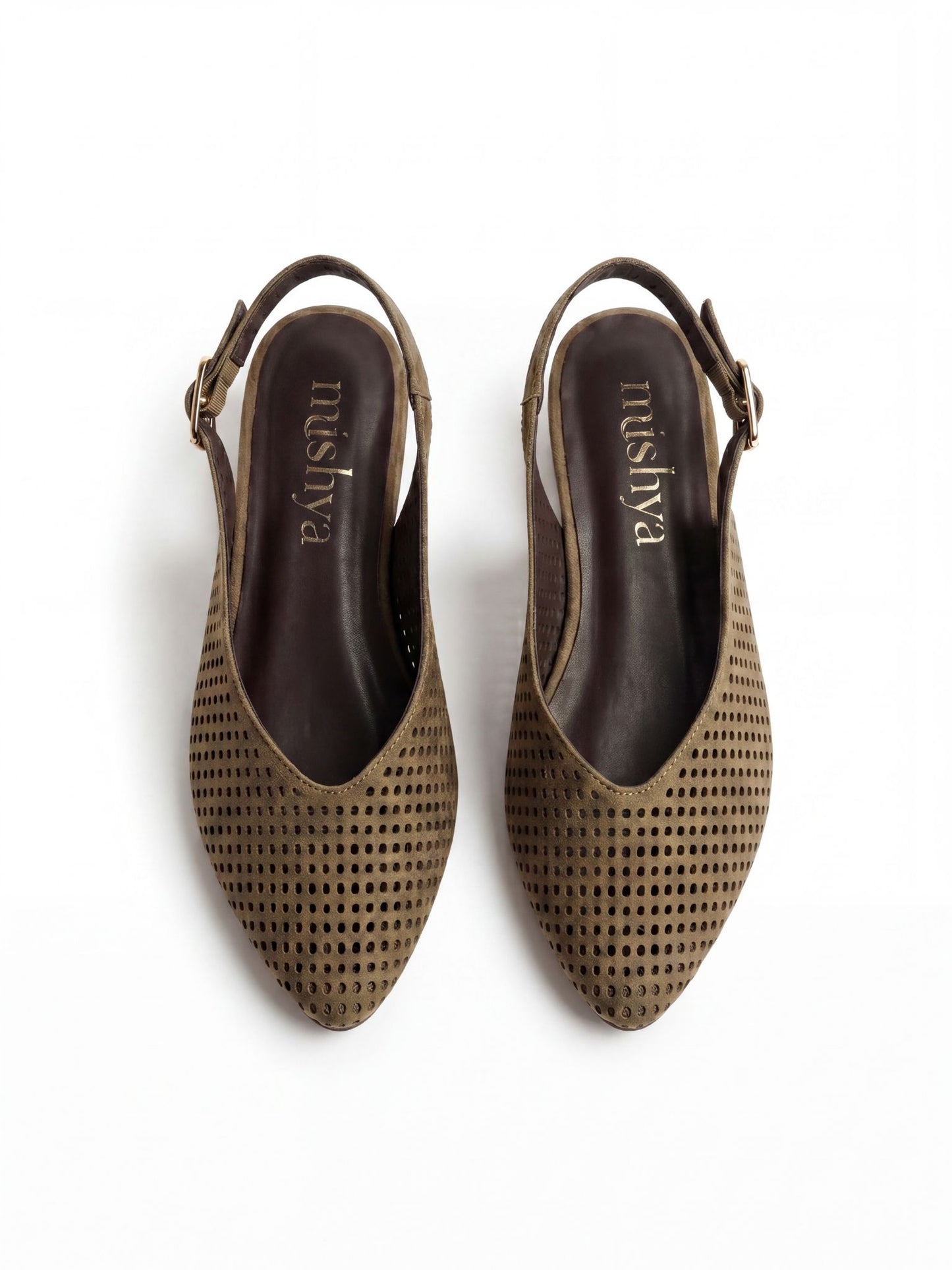 Perforated Suede Flat Slingbacks in Café