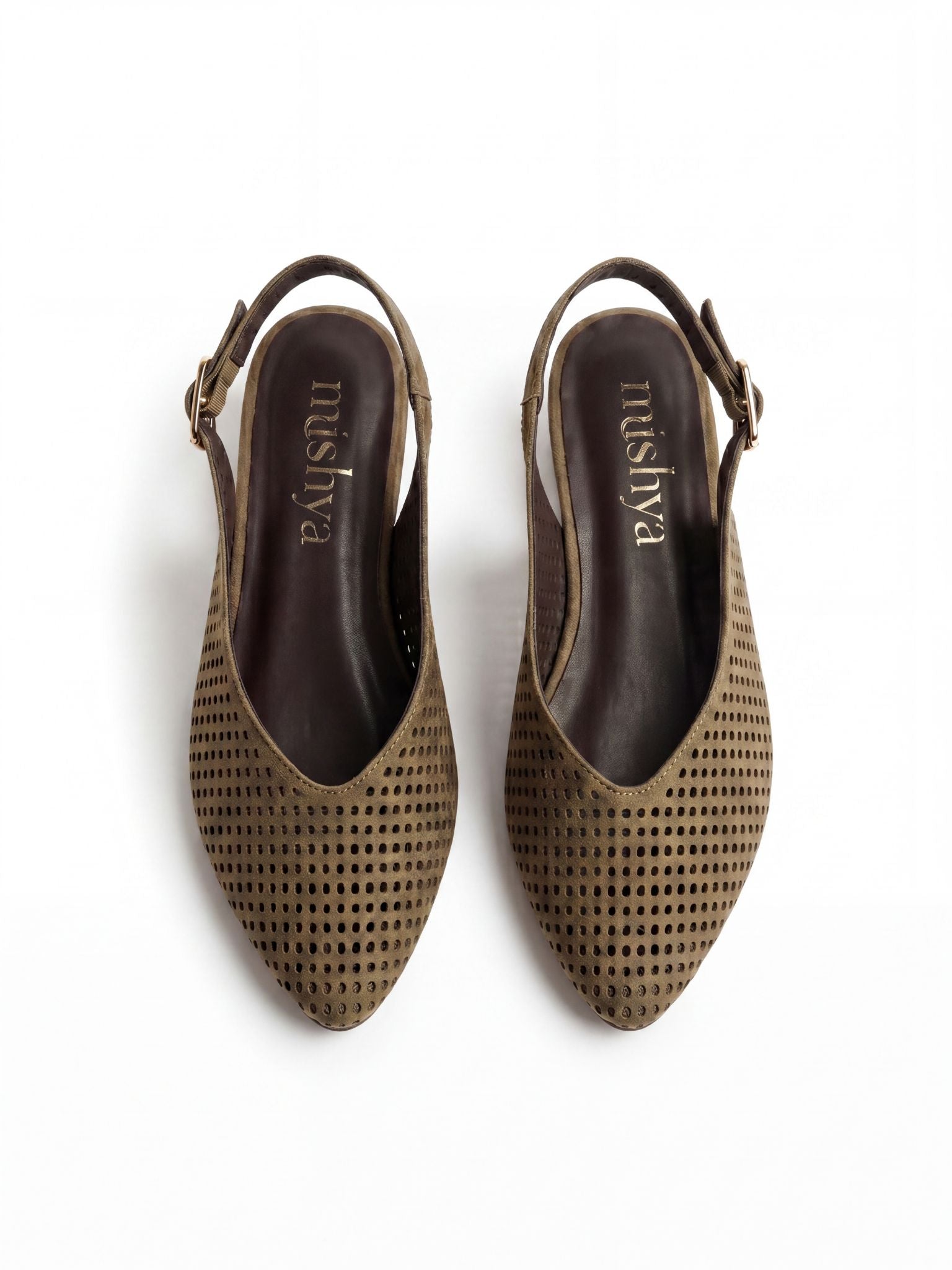 Perforated Suede Flat Slingbacks in Café