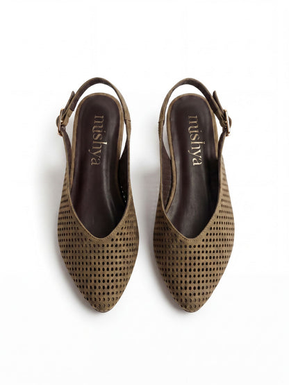 Perforated Suede Flat Slingbacks in Café