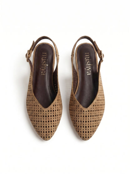 Perforated Suede Flat Slingbacks - Café
