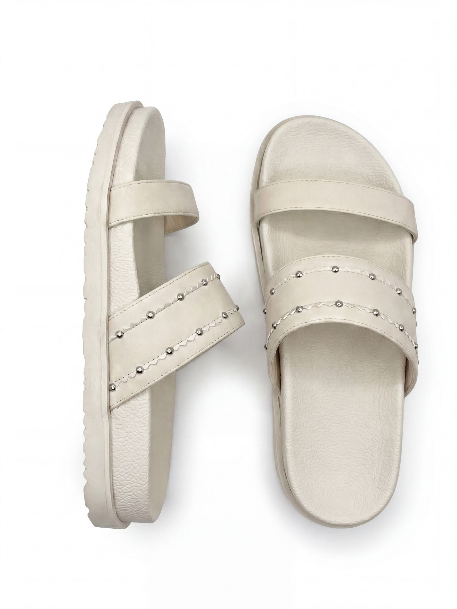 Studded Double-Strap Flat Sandals in Beige