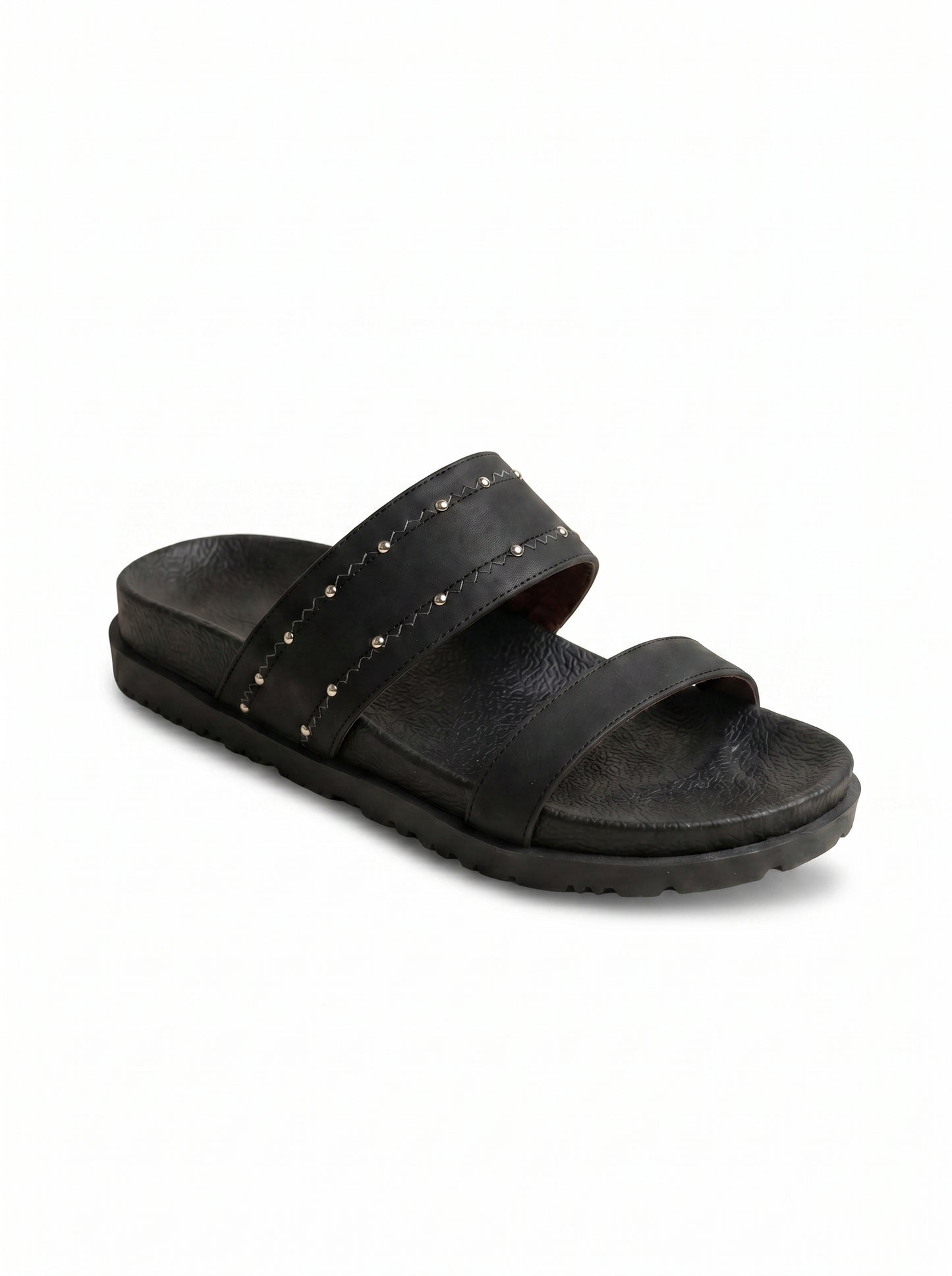 Studded Double-Strap Flat Sandals in Black