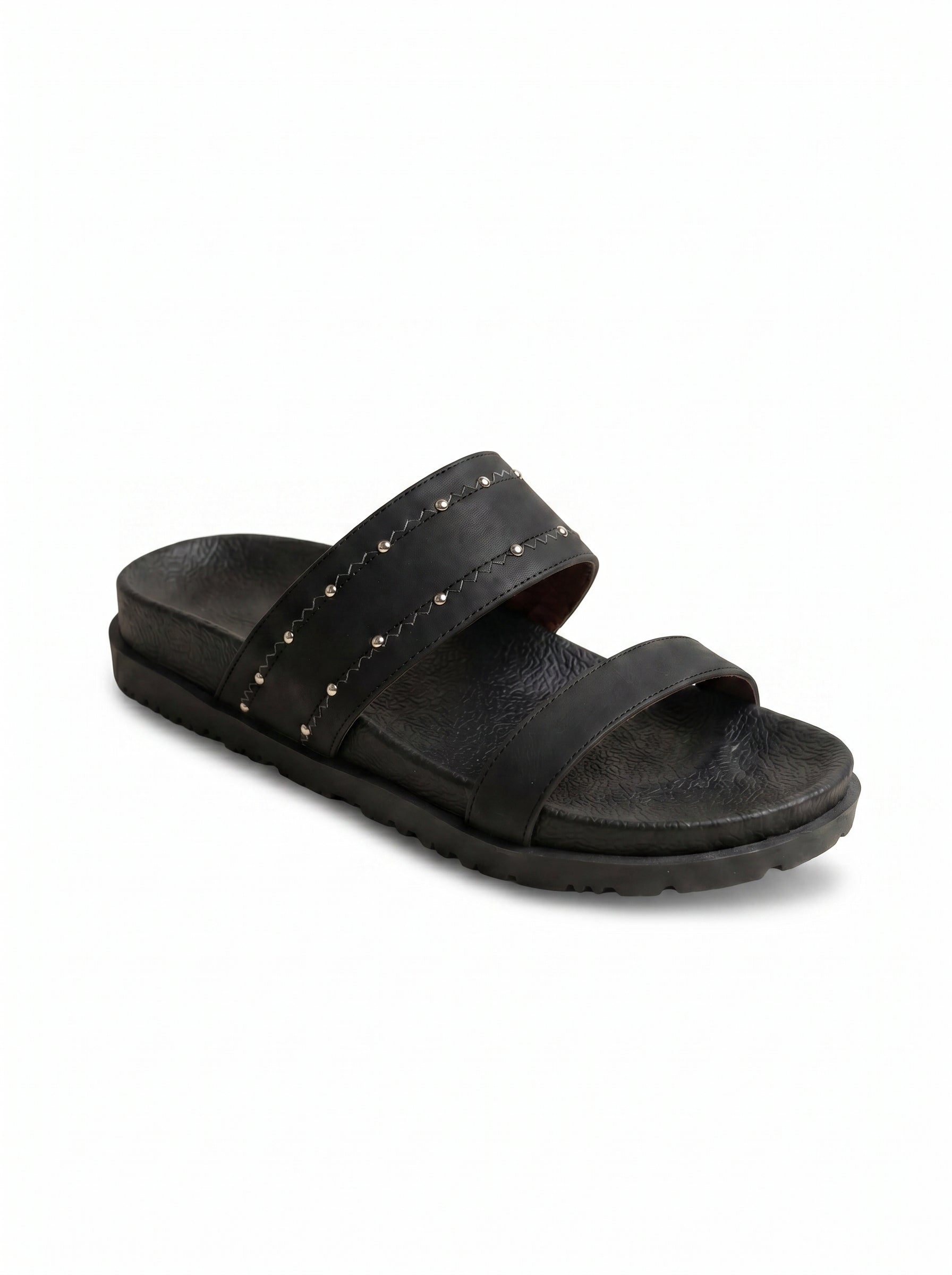 Studded Double-Strap Flat Sandals in Black