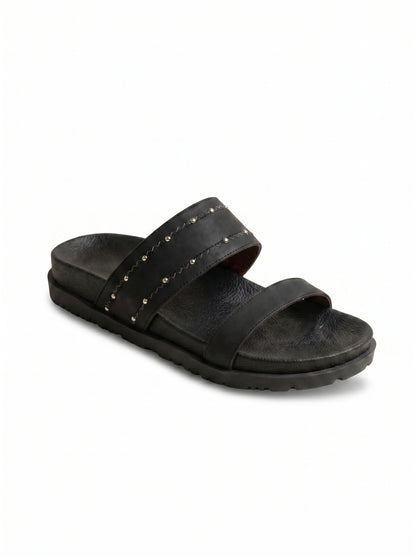 Studded Double-Strap Flat Sandals in Black