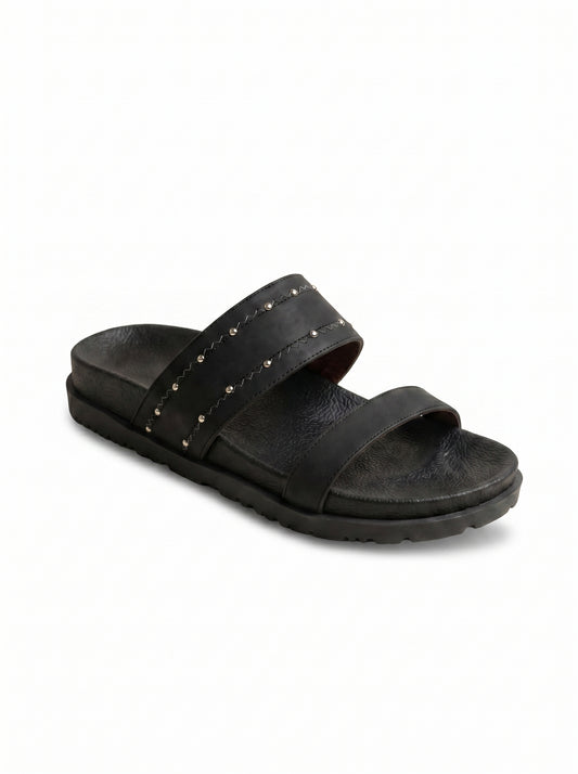 Studded Double-Strap Flat Sandals in Black