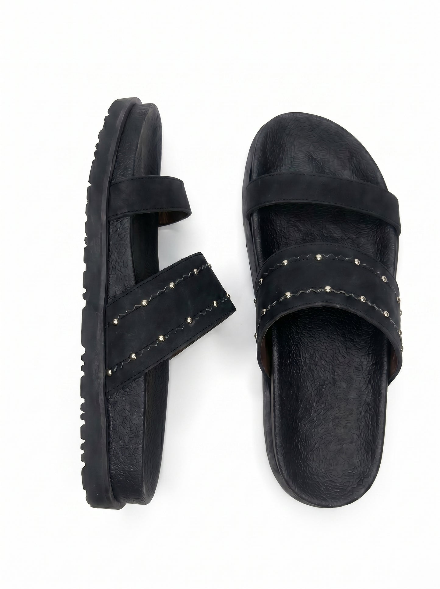 Studded Double-Strap Flat Sandals in Black