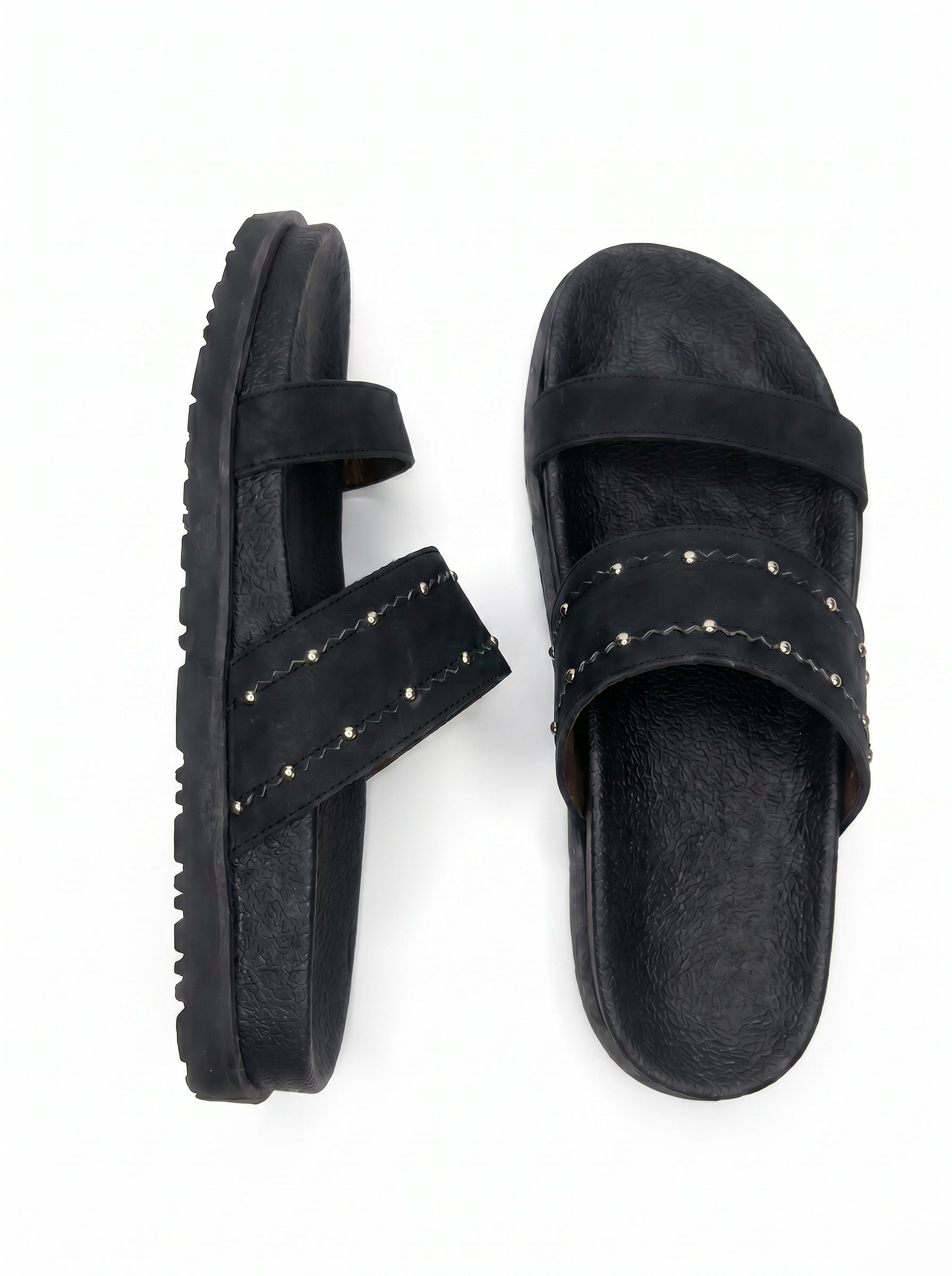 Studded Double-Strap Flat Sandals in Black