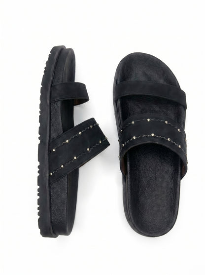 Studded Double-Strap Flat Sandals in Black