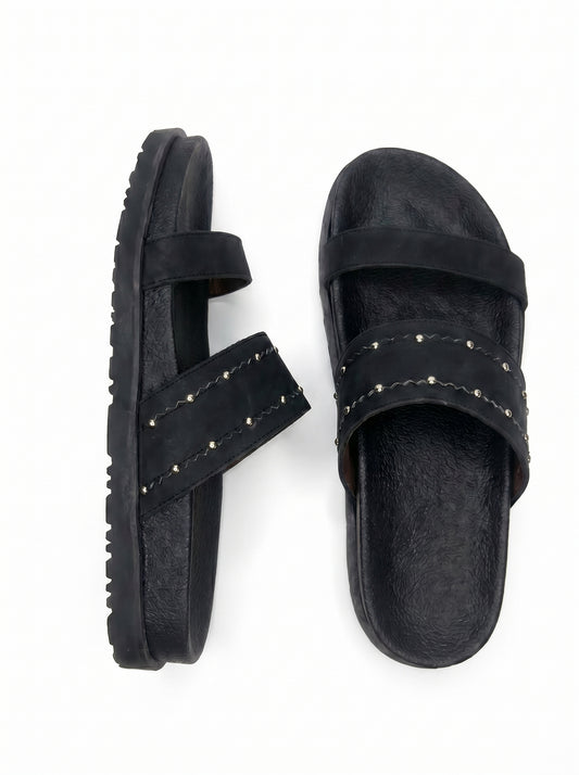 Studded Double-Strap Flat Sandals in Black