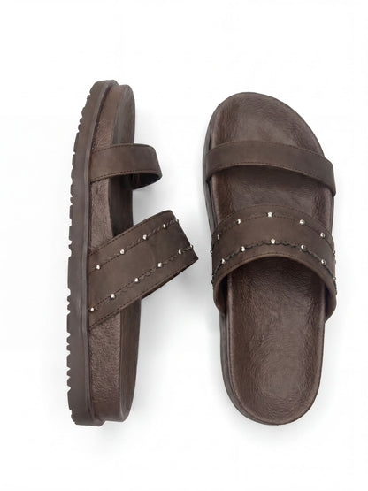 Studded Double-Strap Flat Sandals in Brown