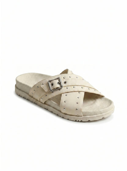 Studded Crossover Slide Sandals in Beige