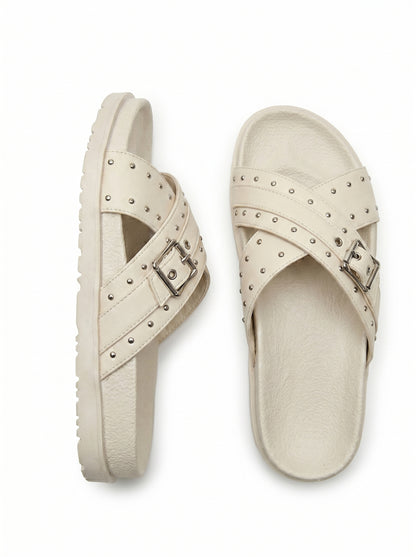 Studded Crossover Slide Sandals - Beige