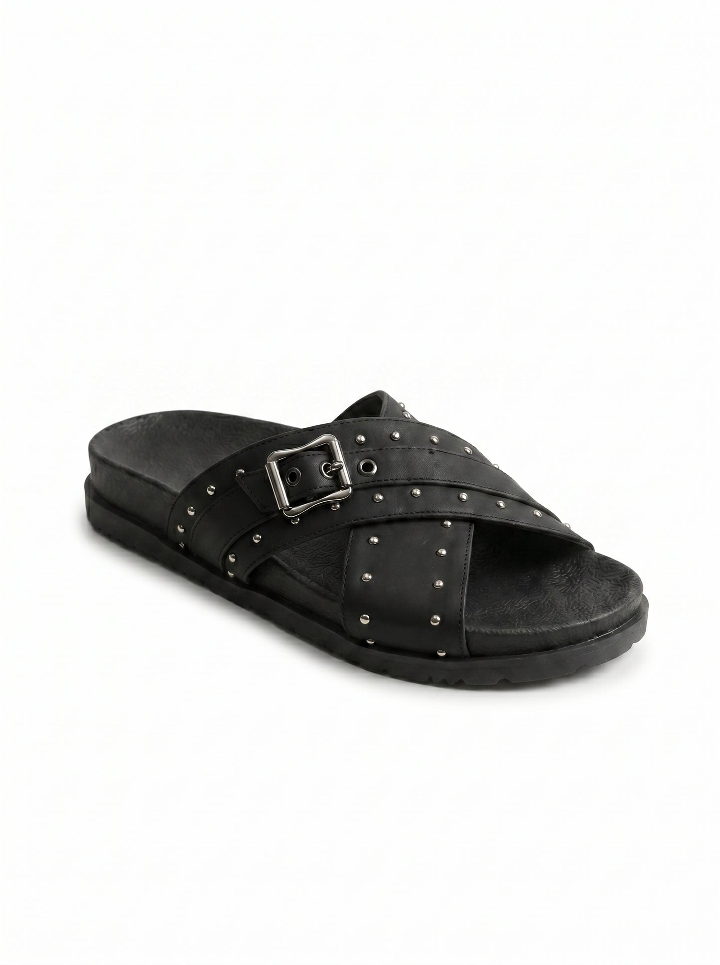 Studded Crossover Slide Sandals in Black