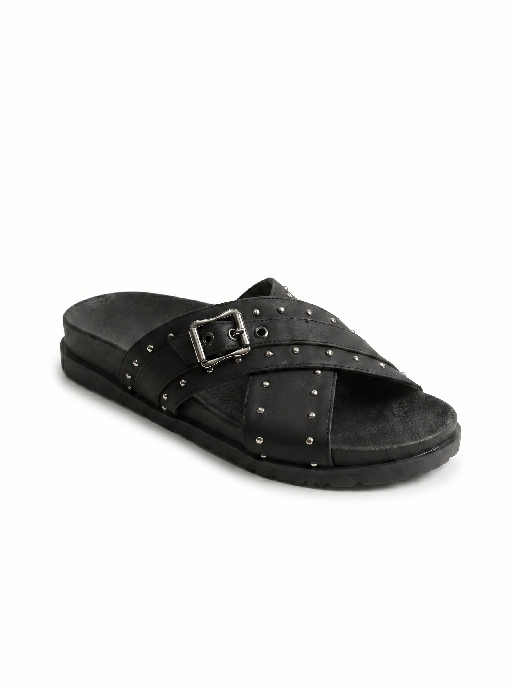 Studded Crossover Slide Sandals in Black