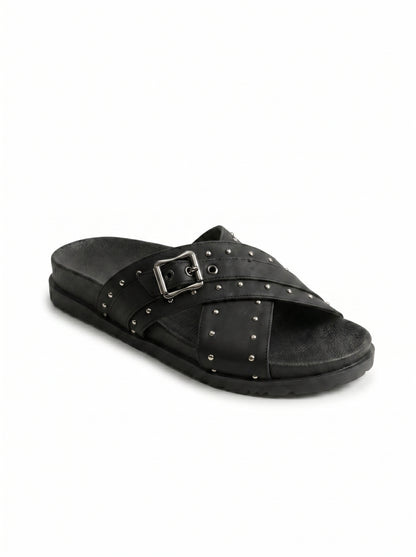 Studded Crossover Slide Sandals in Black