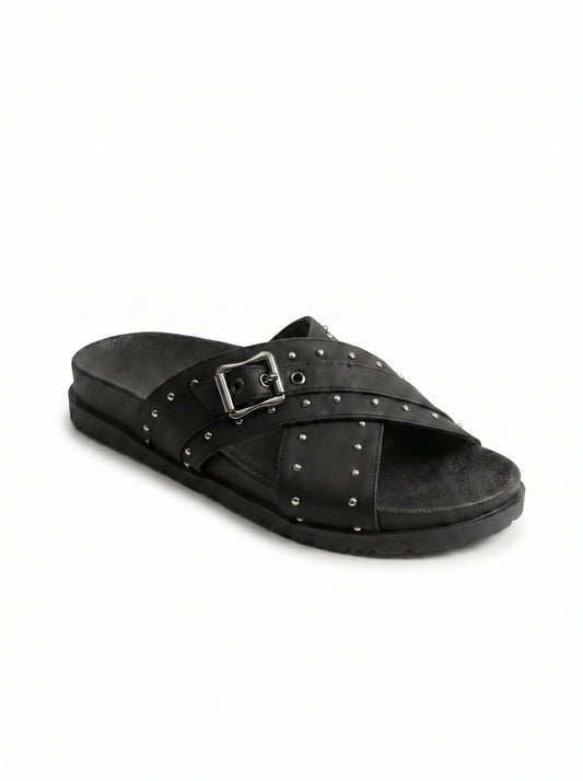 Studded Crossover Slide Sandals in Black