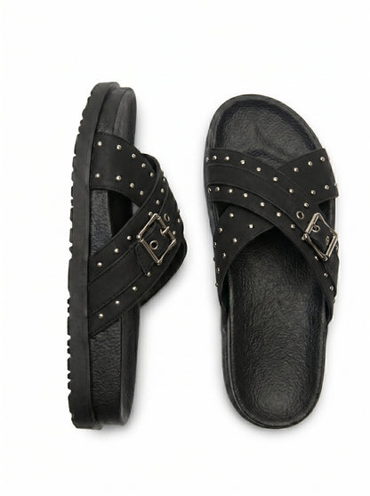 Studded Crossover Slide Sandals - Black