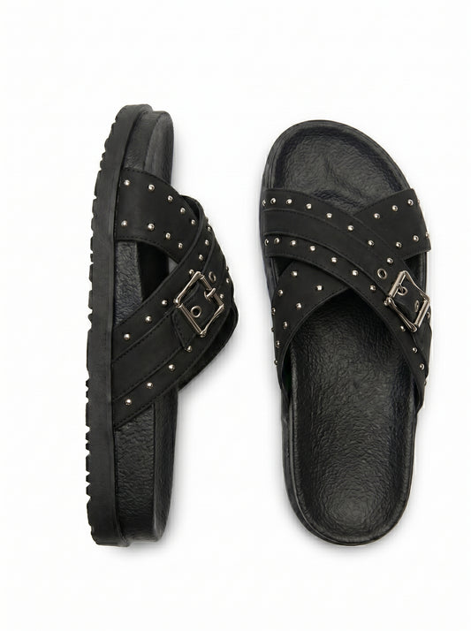 Studded Crossover Slide Sandals - Black