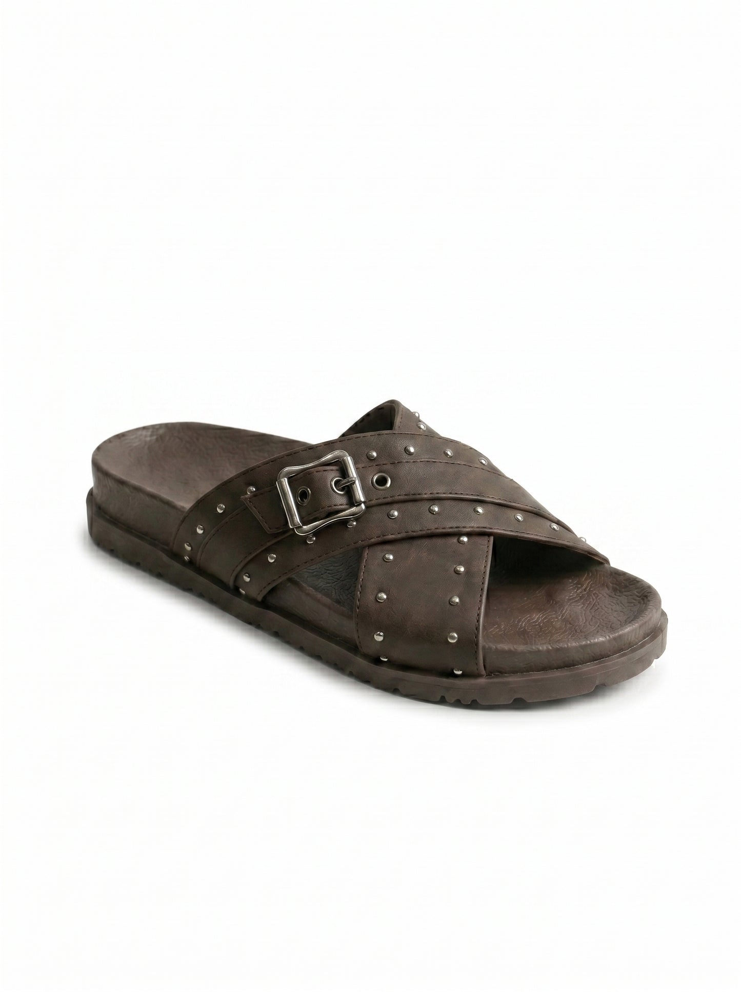Studded Crossover Slide Sandals in Brown