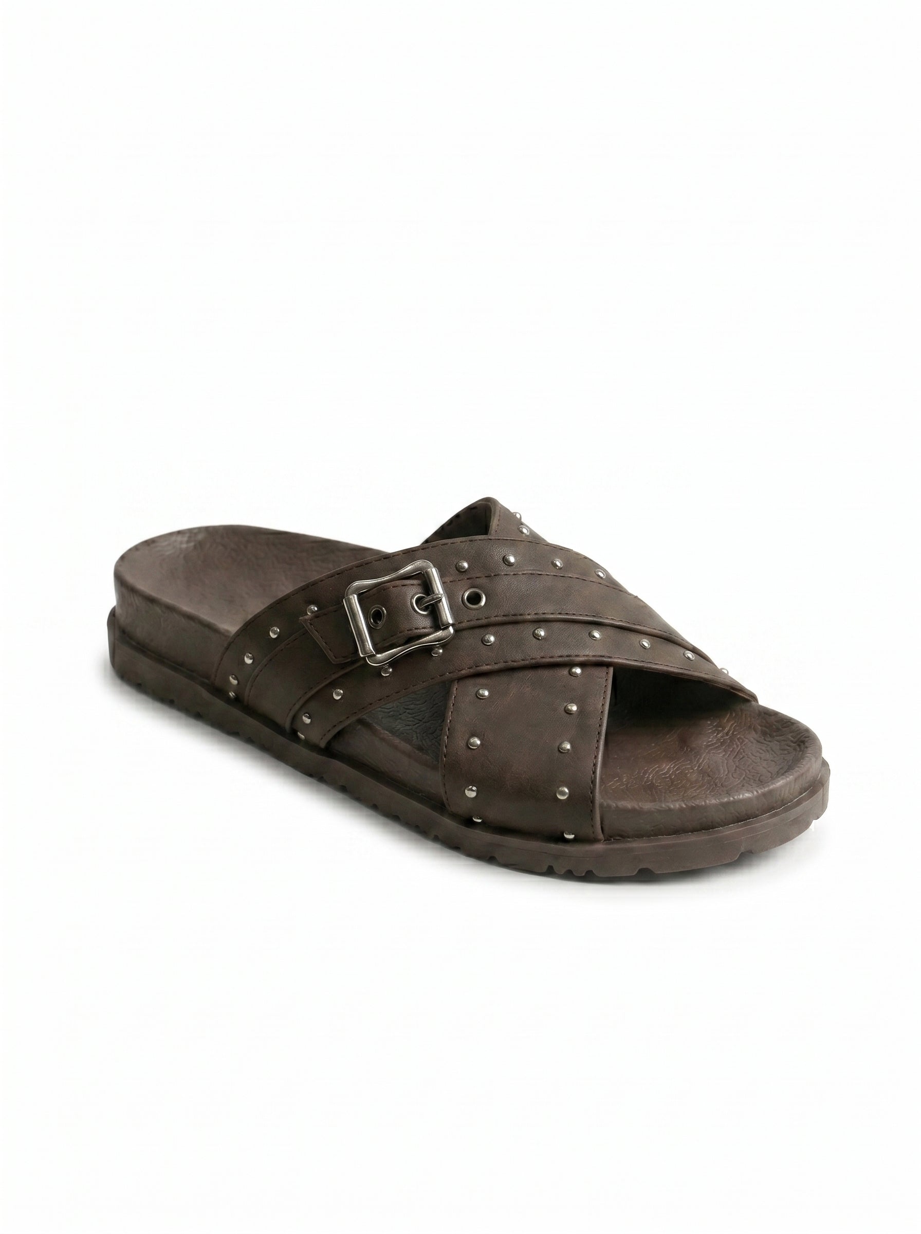 Studded Crossover Slide Sandals in Brown