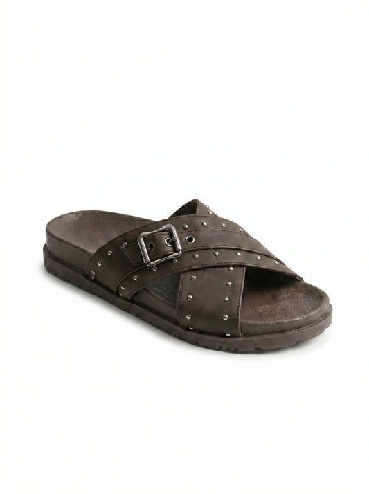 Studded Crossover Slide Sandals in Brown