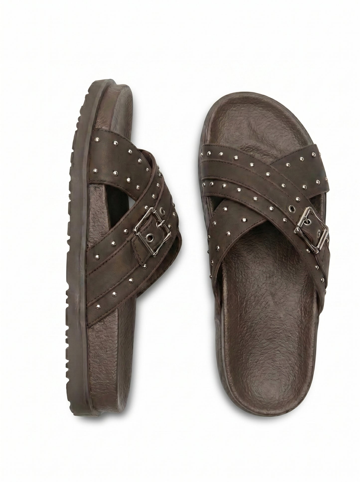 Studded Crossover Slide Sandals - Brown