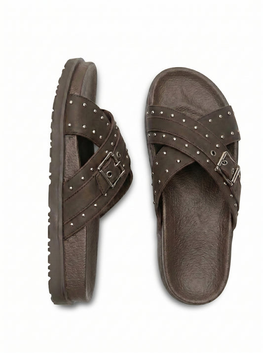 Studded Crossover Slide Sandals - Brown