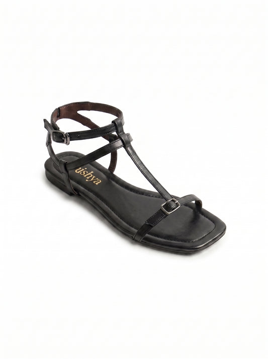 T-Strap Flat Sandals - Black